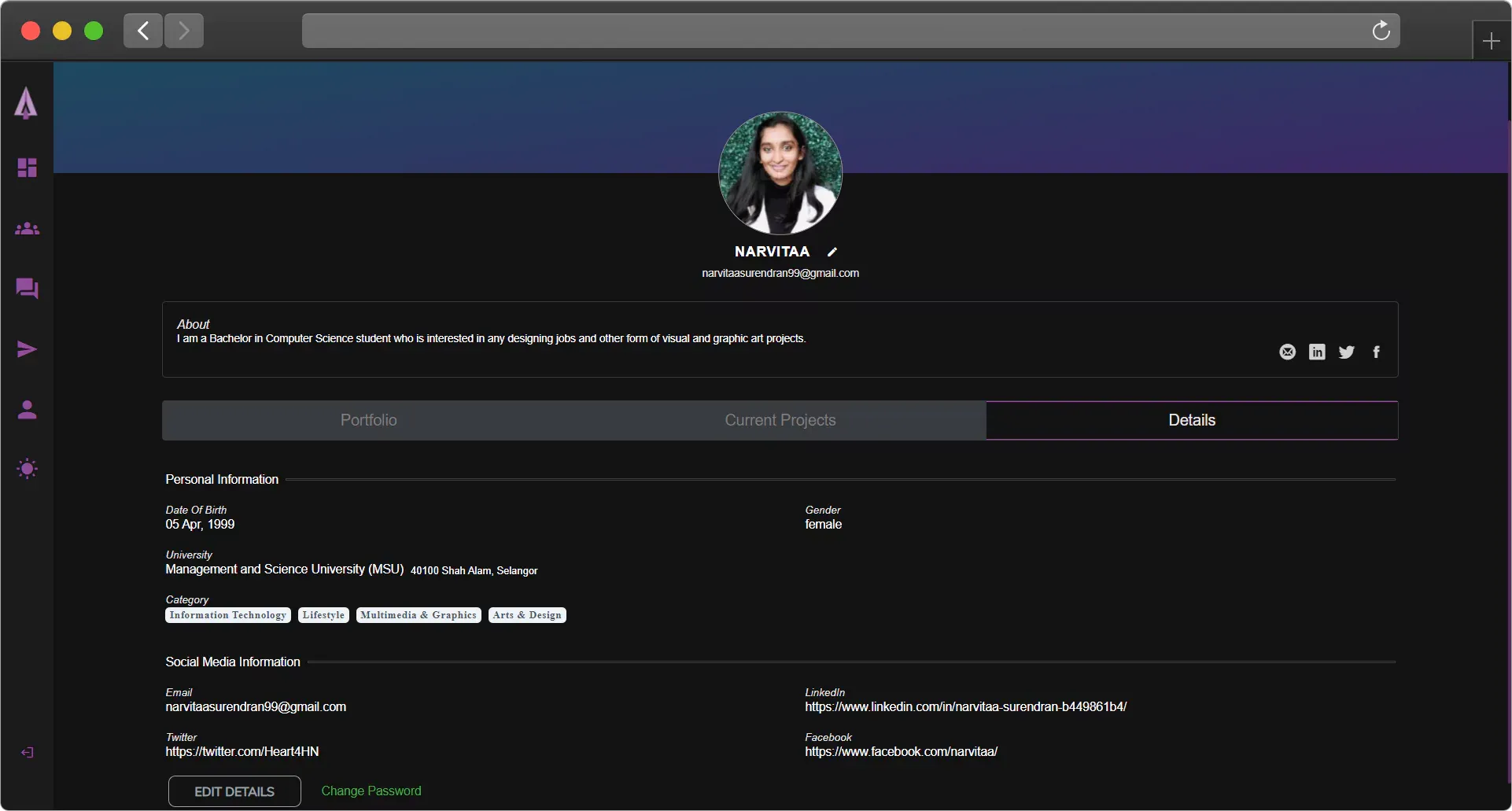 Details Tab in Profile Page